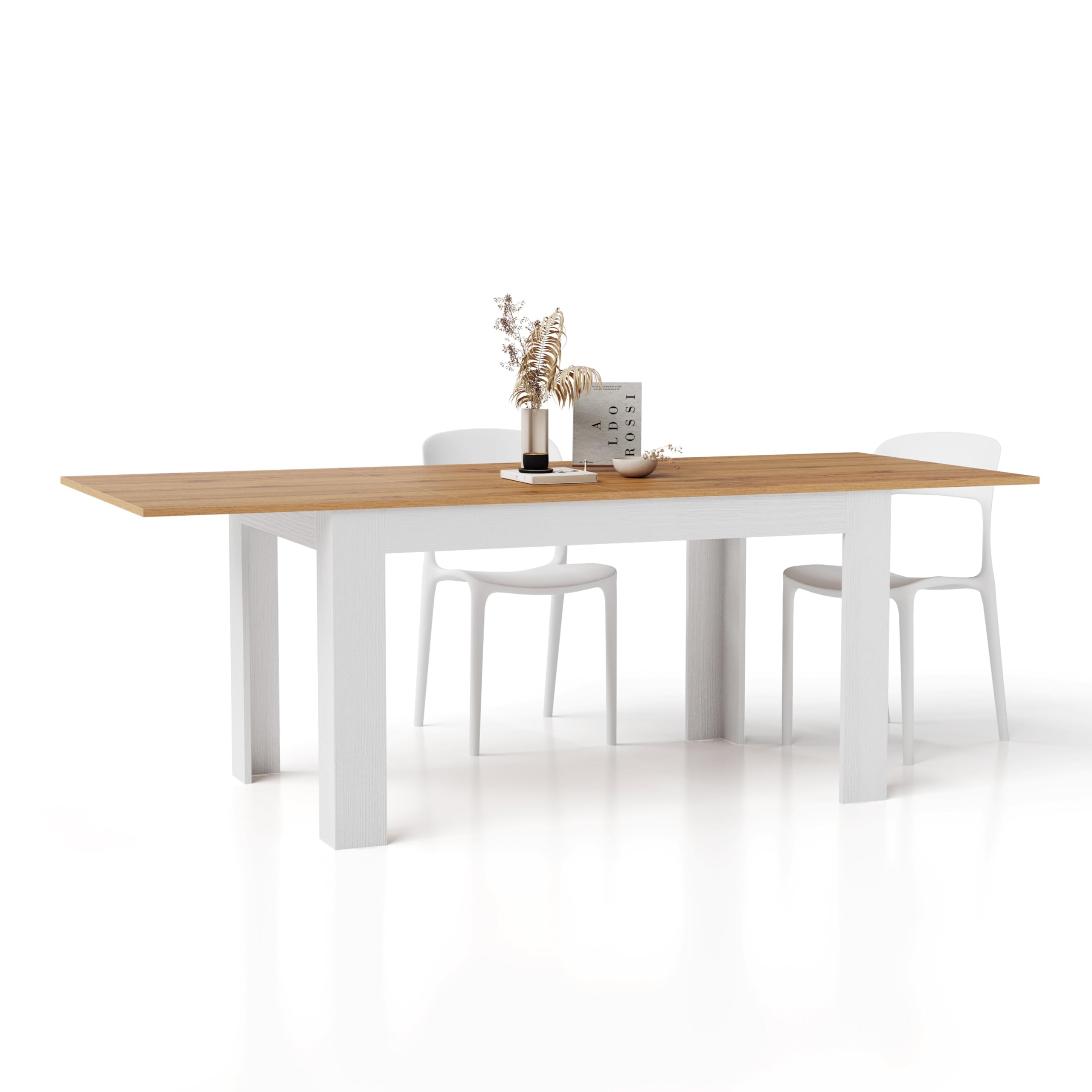 MOBILI FIVER, Ausziehbarer Esstisch Easy, 140(220) x90 cm, Rustikale Eiche und Esche Weiss, Made In Italy