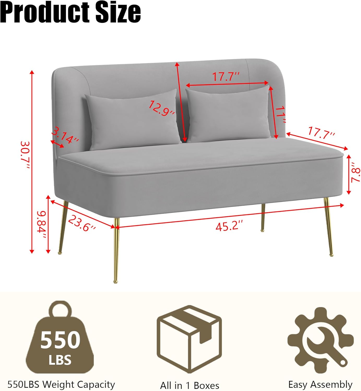 DONICK Velvet Loveseat Sofa Modern Upholstered Armless 2-Seater Sofa with 2 Lumbar Pillows,Gold Metal Legs for Small Accent Couch for Compact Living Room Bedroom Office Apartment(Grey, Loveseat)