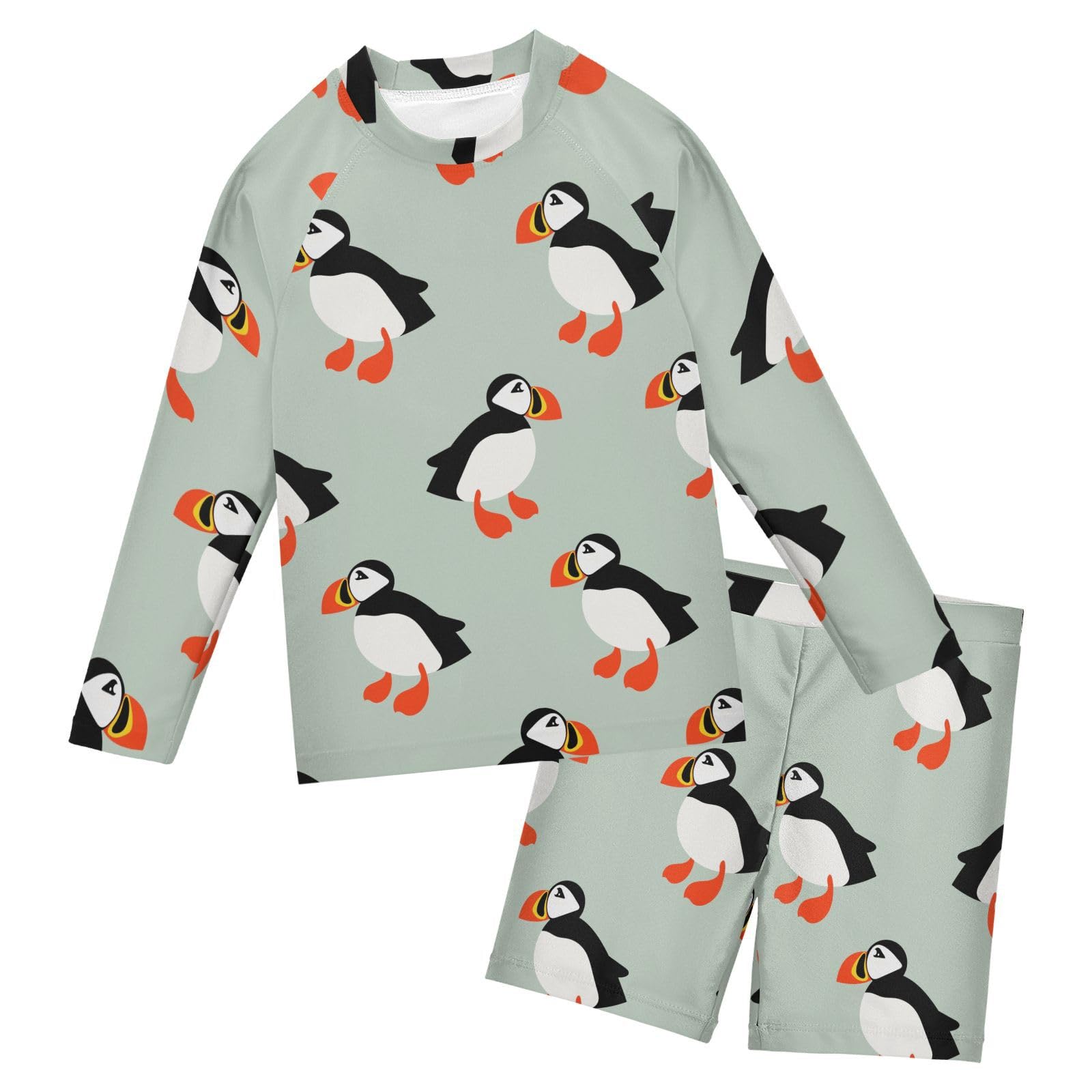 Aflyko Boys Girls Rash Guard Set Funny Cute Puffin Swim Outfit Pollover Bathing Suit Fishing Sun Shirt Quick Dry Swimming Surfing Shorts, 9-10T Multicoloured