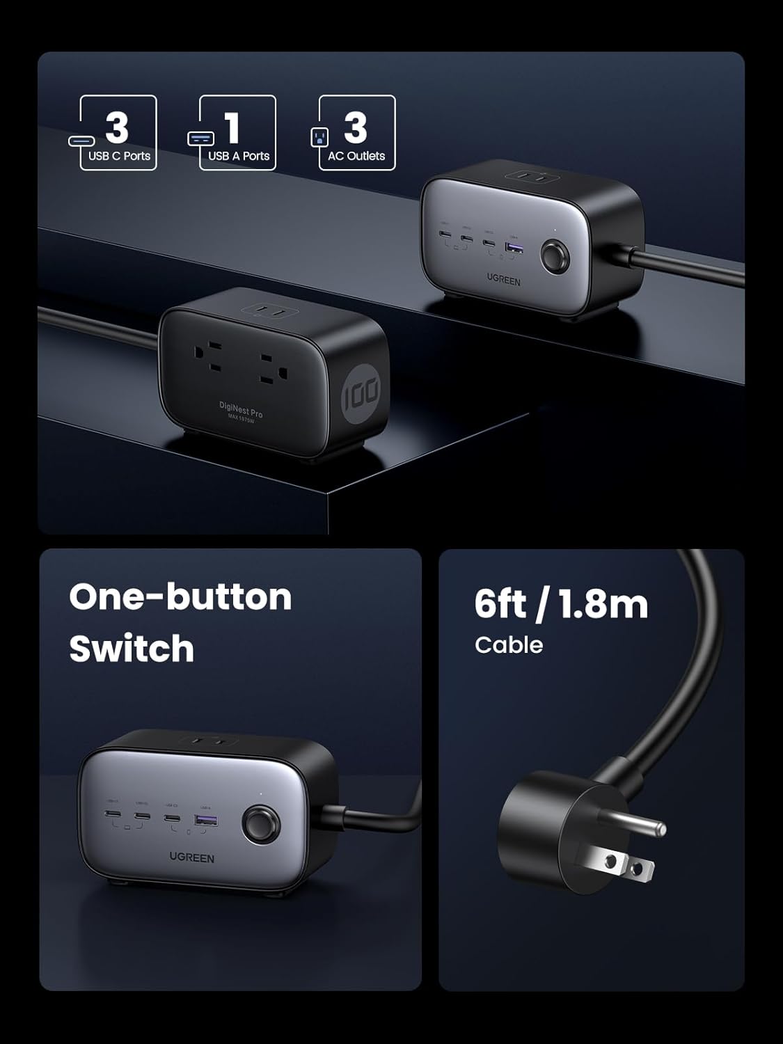 Close-up of UGREEN Nexode 7-in-1 GaN Power Strip highlighting 3 USB-C ports, 1 USB-A port, and 3 AC outlets.
