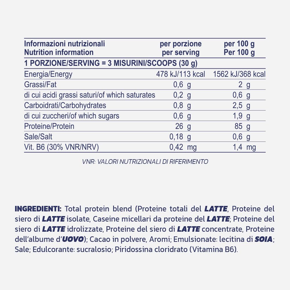 PROLABS TOTAL PROTEIN – Blend di 6 Proteine con Whey Isolate, Idrolizzate e Concentrate | Rilascio Graduale | Supporto Massa Muscolare | Con Vitamina B6 | Ottima Solubilità | 1000 g | Cioccolato