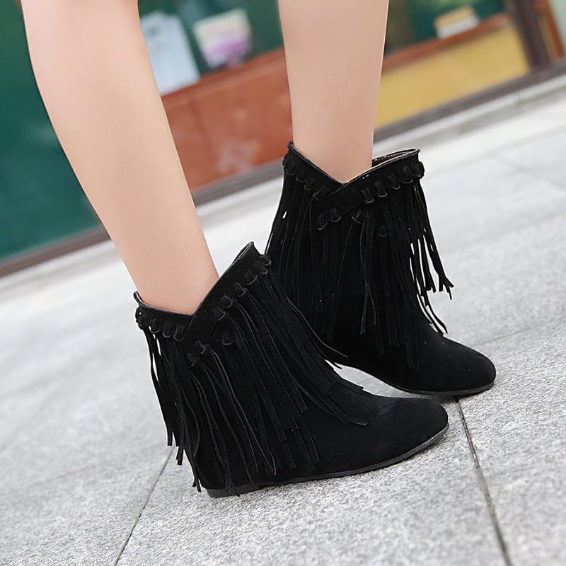 Womens Ankle Fringe Boots Round Toe WinterWide Calf Flat Tassel Moccasin Boots Casual Hidden Wedge Low Heel Ankle Boots2