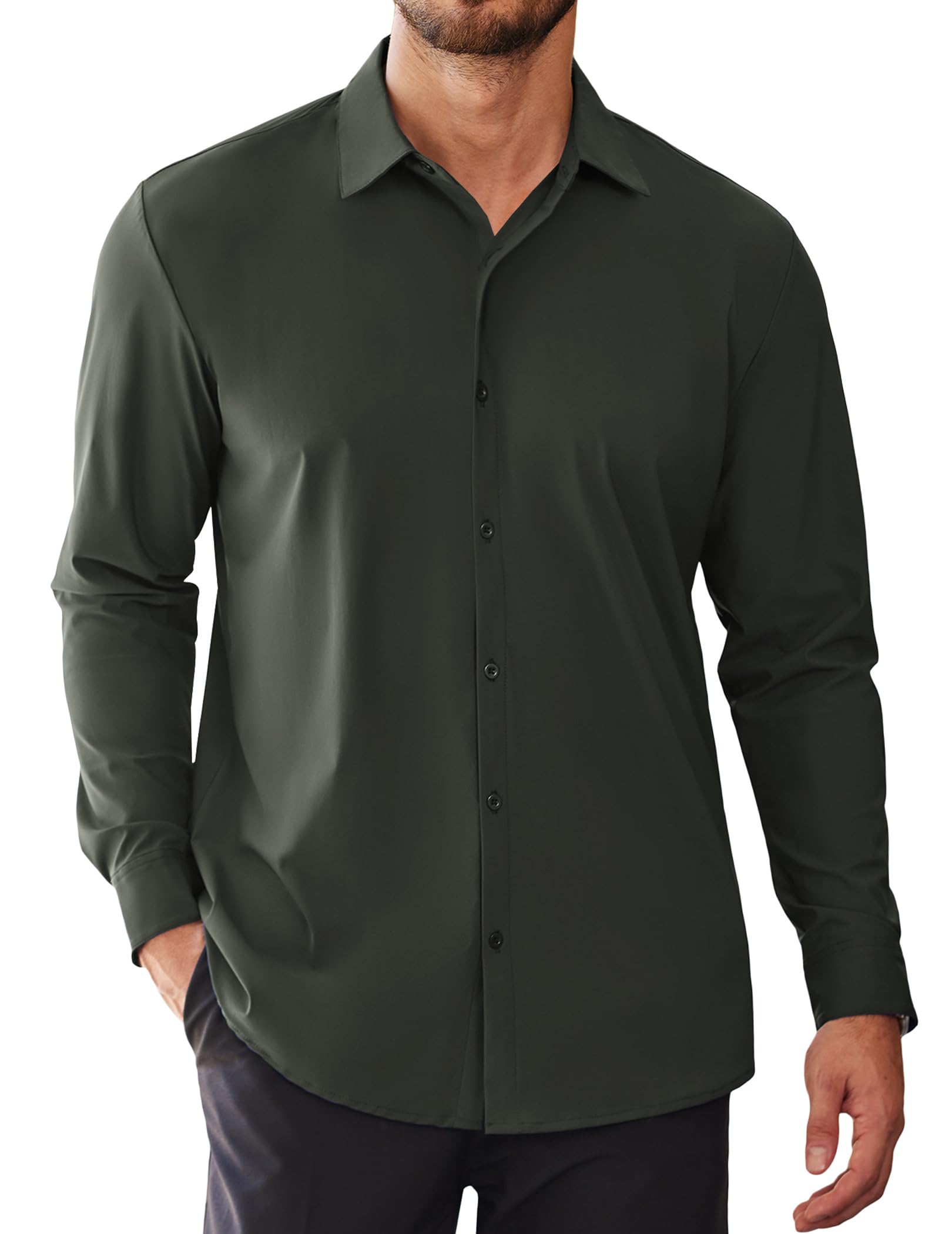 Men's Muscle Fit Dress Shirts Wrinkle Free Long Sleeve Button Down Shirt Stretch Business Shirt