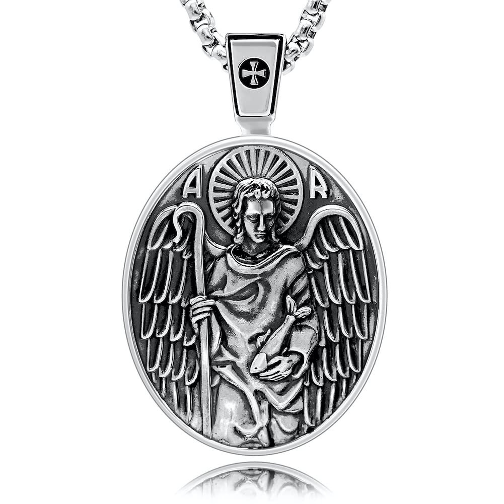 VENICEBEE® Archangel St. Raphael Saint Medal Healing Guardian Angel Protection Christian Sacramental 925 Sterling Silver Pendant Necklace + Velvet