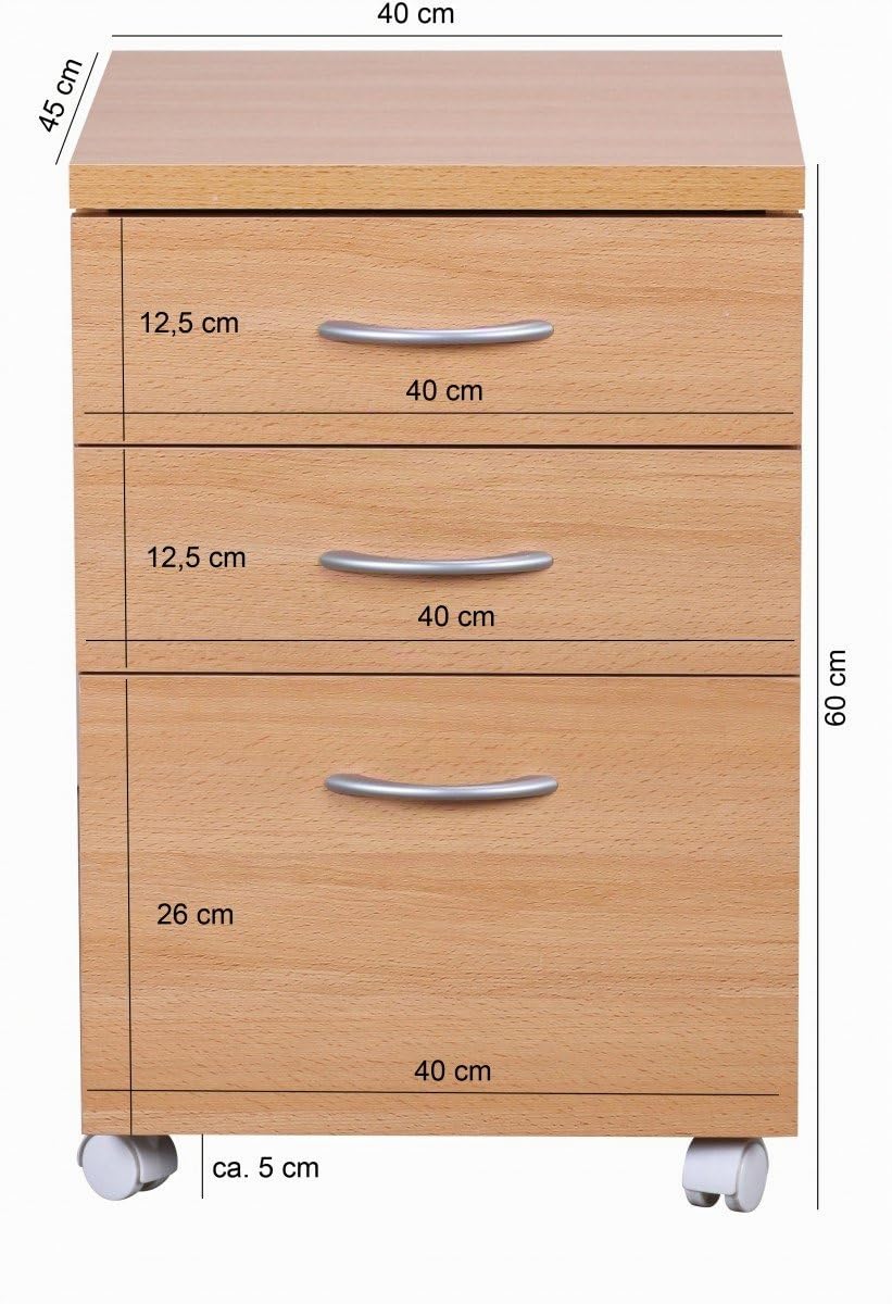 Moderner Büro Rollcontainer in Buche, 60 cm, mit 3 Schubladen, Elegante Aluminiumgriffe, praktische Rollen für leichte Beweglichkeit