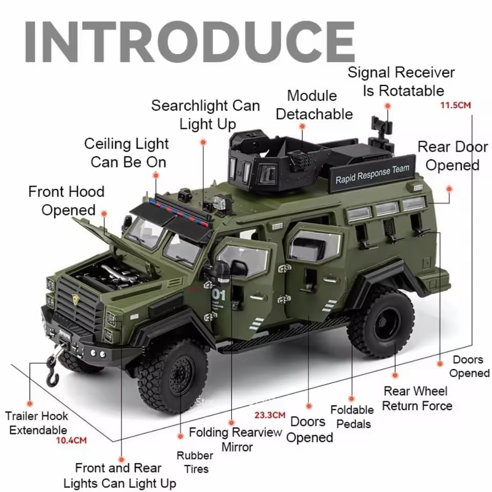 Image of 1:24 Armored Police Car with Tooth Tiger Explosion Proof Die-Cast Model Metal Pull-Back Car with Lights & Sounds with 4 Opening Doors Kids' Best Showpiece Toy Car (1:24 Armored Police-Green Color)