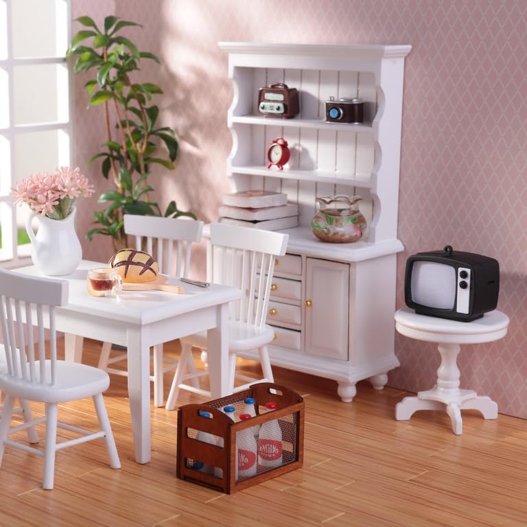 Juego de gabinete de casa de muñecas 1/12, estantería de madera en miniatura con accesorios (reloj despertador, pecera, libros, tazas de café) para sala de estar, comedor, estudio y otras 8