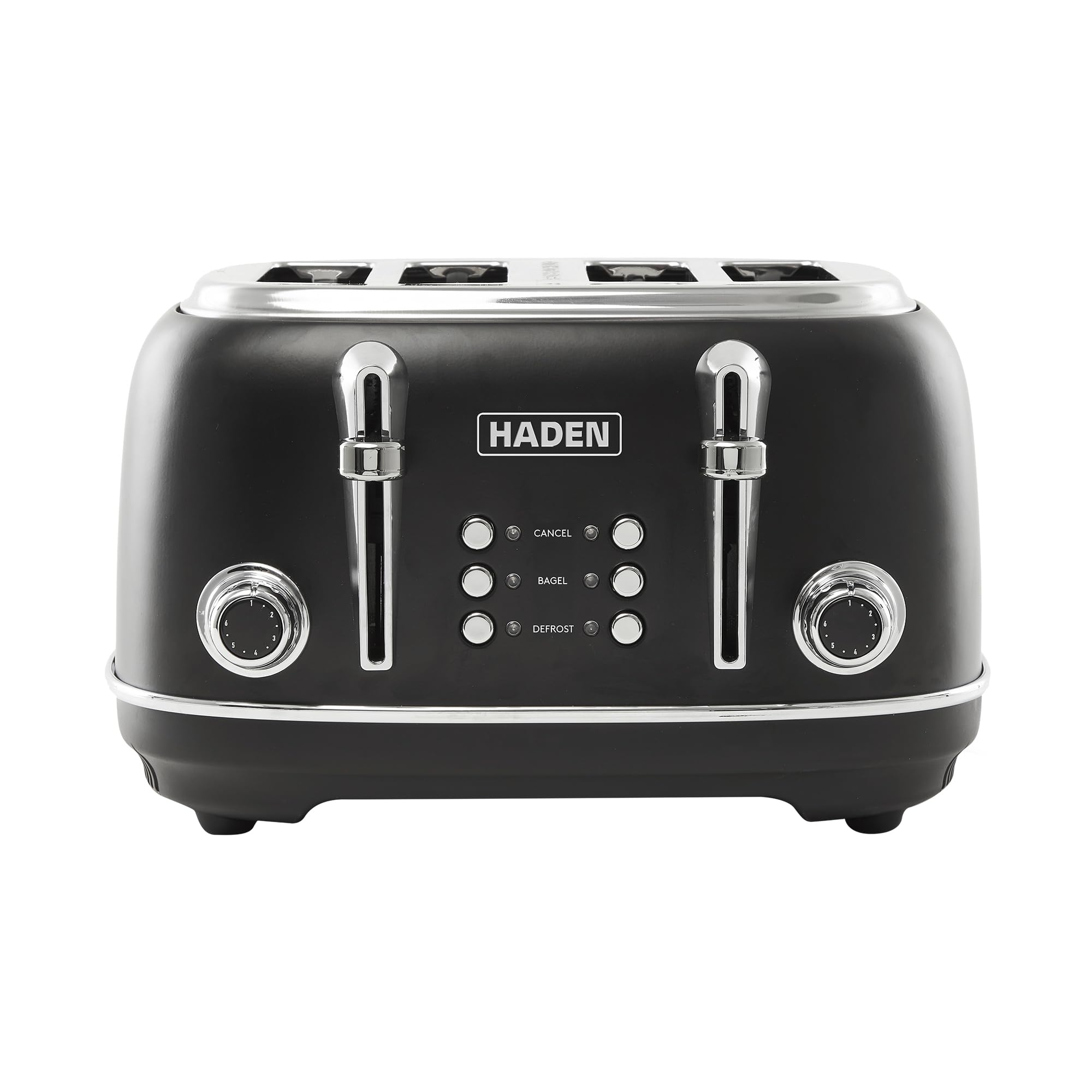 Haden Heritage 4 Slice Wide Slot Stainless Steel Toaster with Adjustable Browning Control & Non-Slip Feet, Black & Chrome