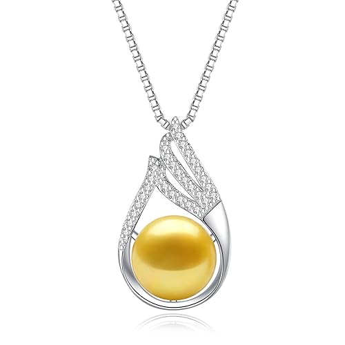 BAMIKI Golden Pearl Pendant Necklace for Women, Handpicked Genuine Saltwater Cultured Pearls, Sterling Silver Teardrop Pendant Necklace Chain 18+2 BAMIKI Golden Pearl Pendant Necklace for Women, Handpicked Genuine Saltwater Cultured Pearls, Sterling Silver Teardrop Pendant Necklace Chain 18+2