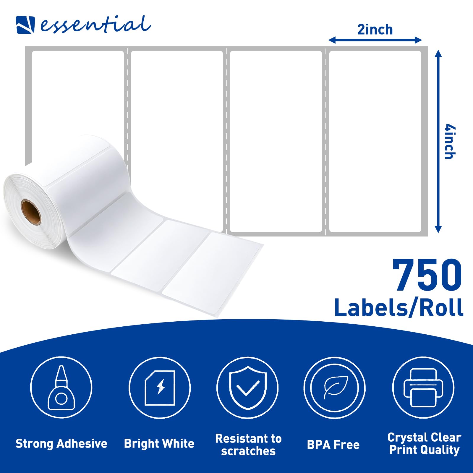 ESSENTIAL Etichette per codici a barre termici diretti da 4 "x 2", etichette per la spedizione, impermeabili e resistenti ai graffi, 750 etichette di rotolo (1 rotolo)