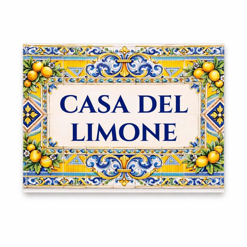 Personalisierte Italienische Zitronenfliesen-Tafel | Familienname Hausnummer | Amalfiküsten-Stil Keramikfliese | Einzug, Hochzeit, Neuvermählte | Für Wohnraum, Badezimmer, Küche, Eingang