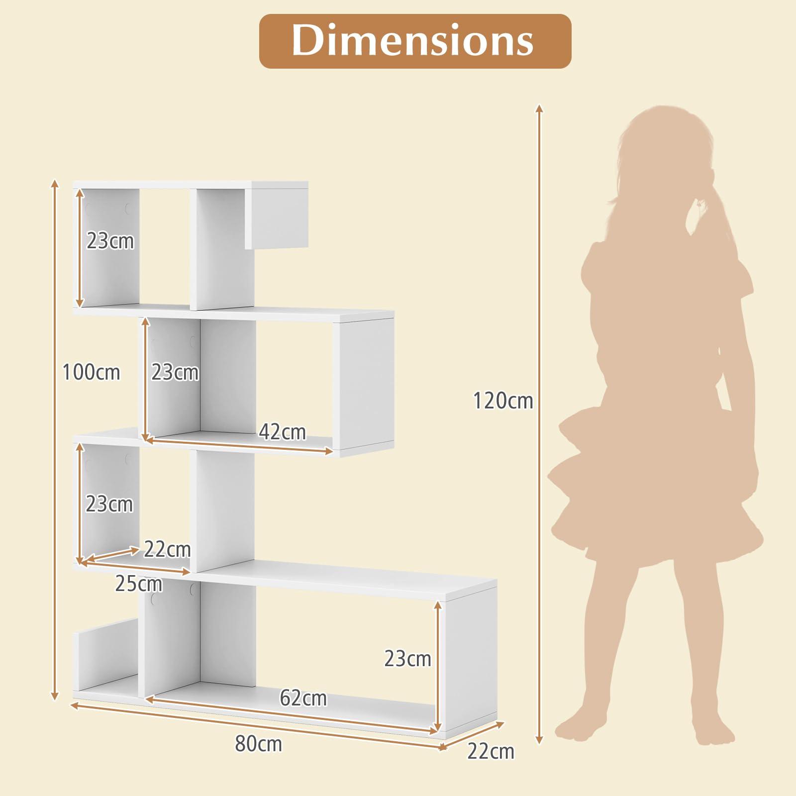 HOMASIS Libreria a Forma di Mossa con 5 Livelli, Scaffale Aperta a Forma di S in Legno, Libreria Divisoria con Protezione Anti-Ribaltamento per Soggiorno, Studio, 80 x 22 x 100 cm (Bianco)