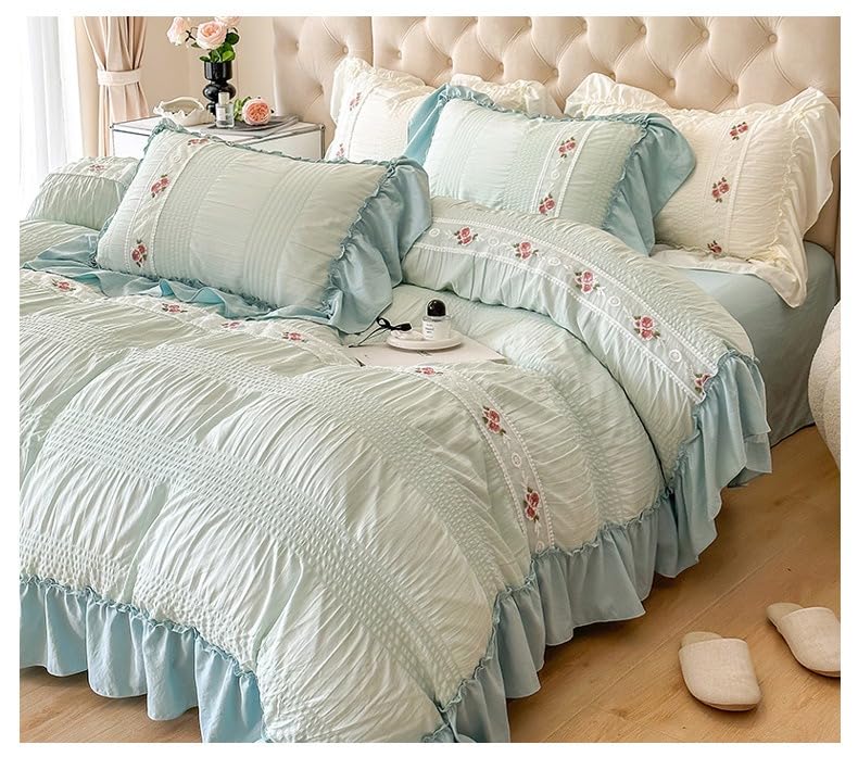 LinQton Juego de ropa de cama de encaje con volantes, diseño floral francés, funda de edredón de algodón lavado con sábana encimera para decoración de habitación de niñas, estilo romántico de princesa