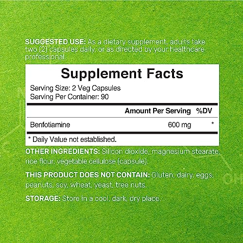 Image of Benfotiamine 600mg Per Serving, 180 Veggie Capsules (300mg Per Cap) - Fat Soluble Vitamin B1 Thiamine Supplement - 3rd Party Tested, Vegan, Non-GMO, Gluten Free
