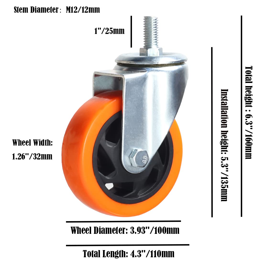 Wytrzymałe, obrotowe koła, 3-calowe żółte kółka z trzpieniem metrycznym M12-1,75x25 mm, podwójne hamulce, kółka bezpieczne do 1200 funtów/zestaw do przemysłu i mebli, zestaw 4 szt.