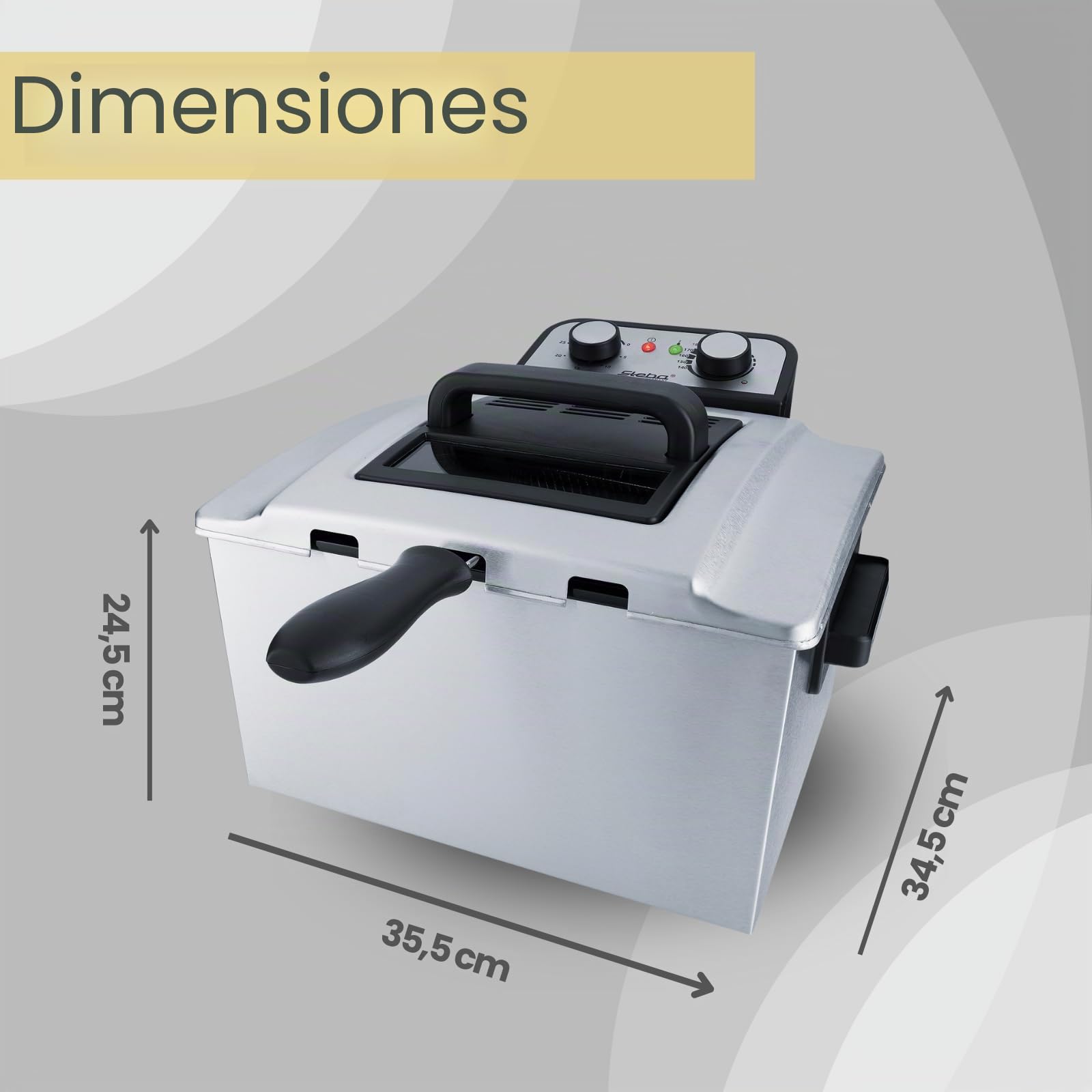 Freidora Steba de acero inoxidable con 5 litros de capacidad, temporizador, compartimento para cables y una cesta XXL de 10 x 29 x 21 cm o 2 cestas de 8 x 14 x 21 cm. DF 300.