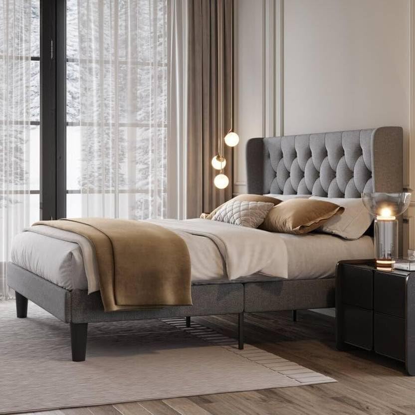 Image of Custom Decor Fabric Upholstered King Size Bed with Button Tufted Headboard for Bedroom || Solid Wood Bed | (Light Grey, King (U.K. Standard))