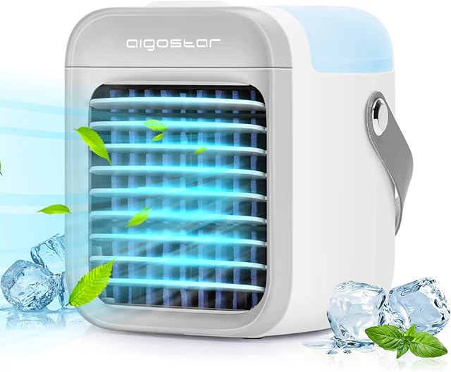 Aigostar Portable Personal Air Conditioner Fan, Mini Air Cooler Desk Fan, USB Rechargeable Cooling Fan with 3 Speeds, 7 Colors Light for Home/Office/Outdoors - Ice Cube