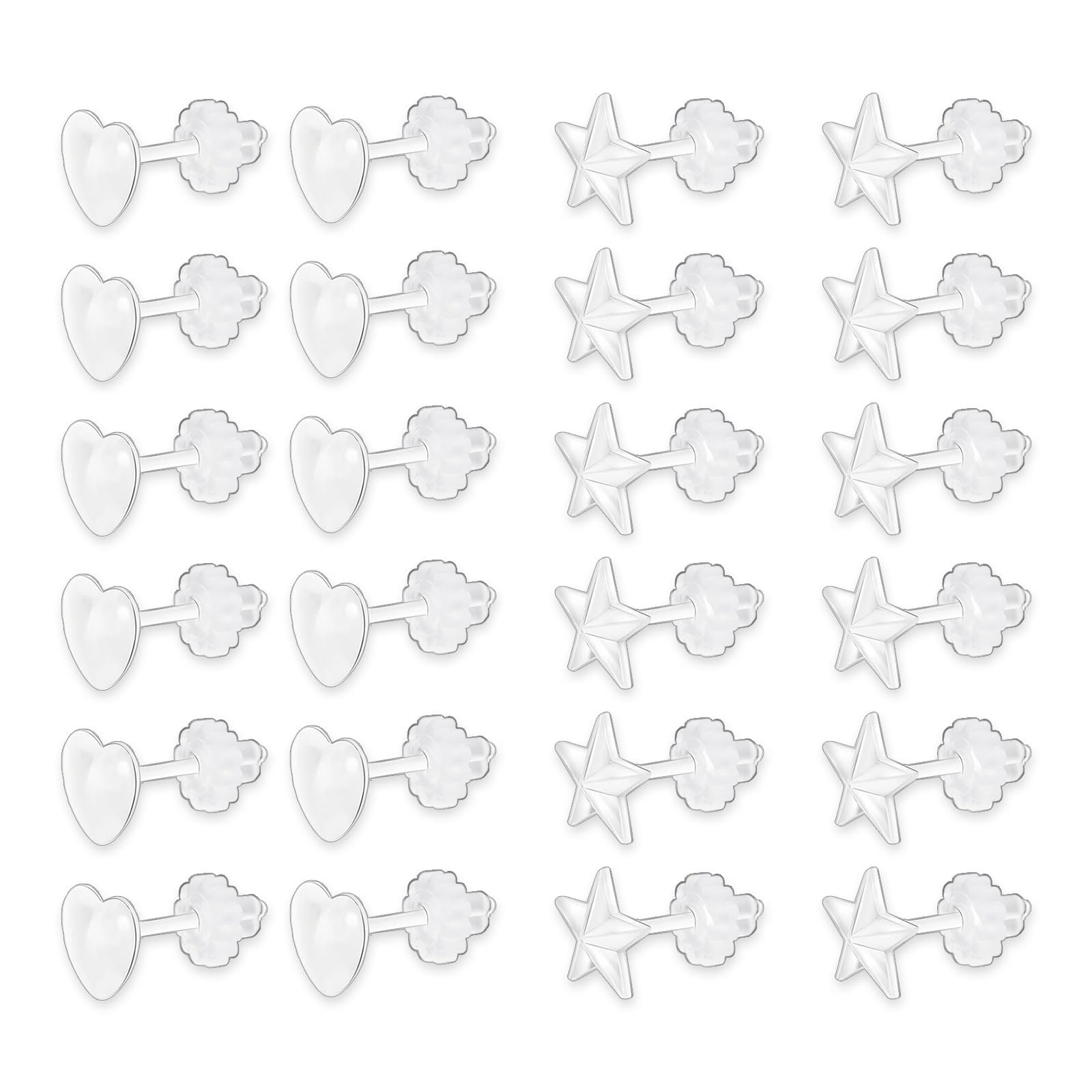 EUPSIIU 12 pares de aretes transparentes, aretes de plástico, aretes de plástico con forma de corazón de estrella, hipoalergénicos, aretes invisibles, aretes transparentes, aretes para orejas