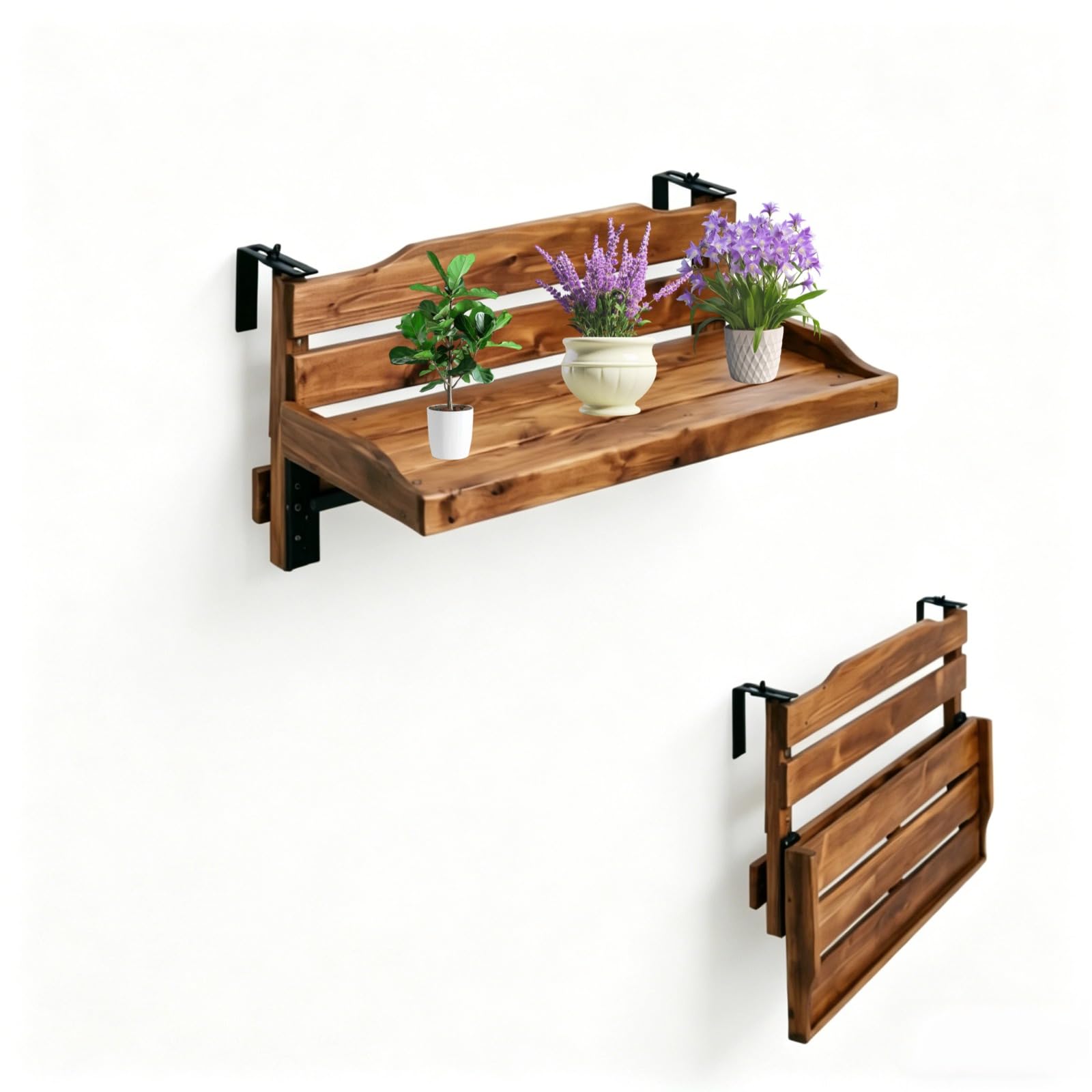 Tavolo da Balcone Sospeso,Tavolino da balcone per esterni,Tavolo con ringhiera regolabile da parete,Capacità Carico 25kg,Legno Massello,Adatto per Giardino e Cortili(Size:90cm,Color:Carbonizzato)
