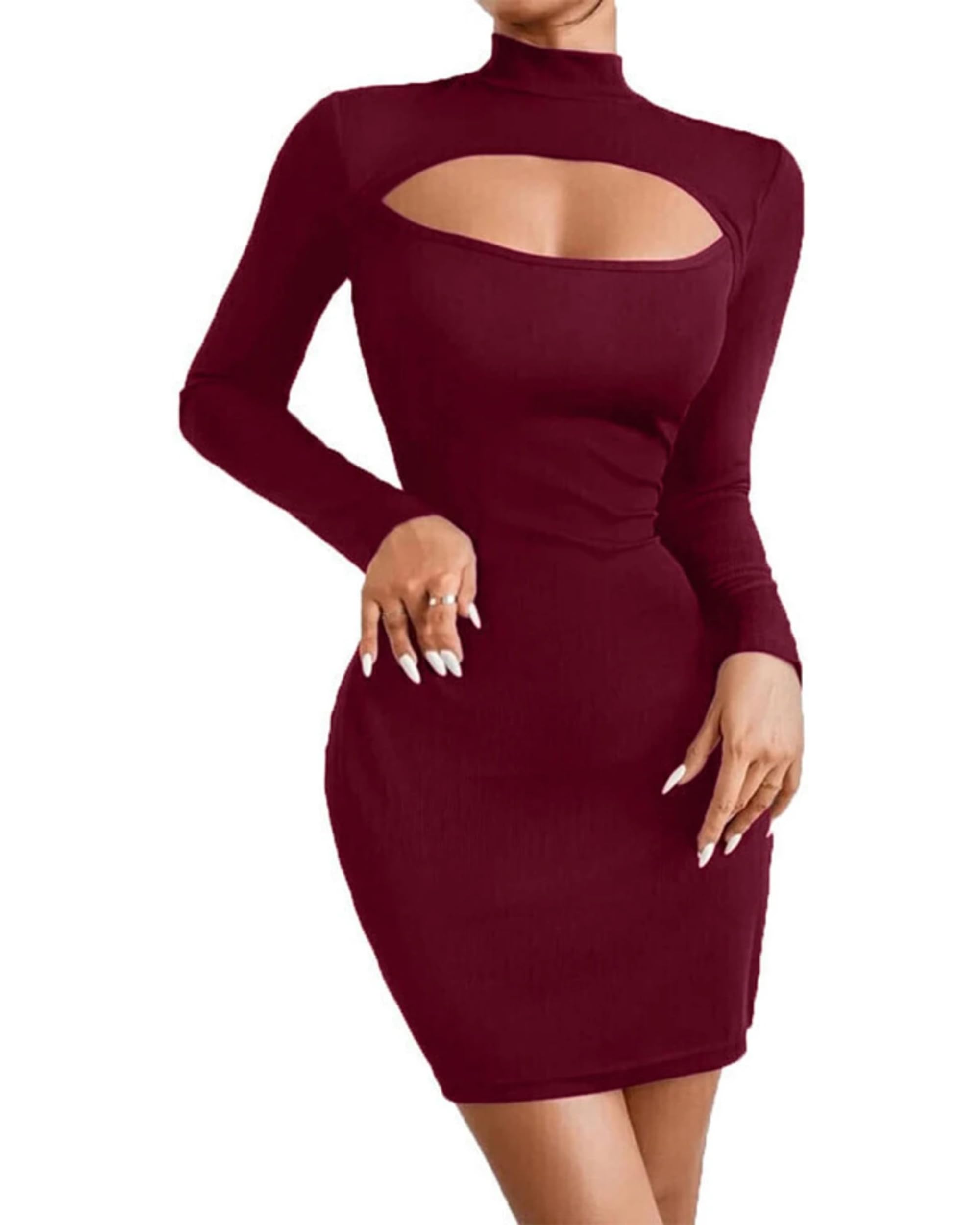 Women's Cut Out Bodycon Mini Dress, Mock Neck, Long Sleeve, Slim Fit, Clubwear Party Dress-picture-50