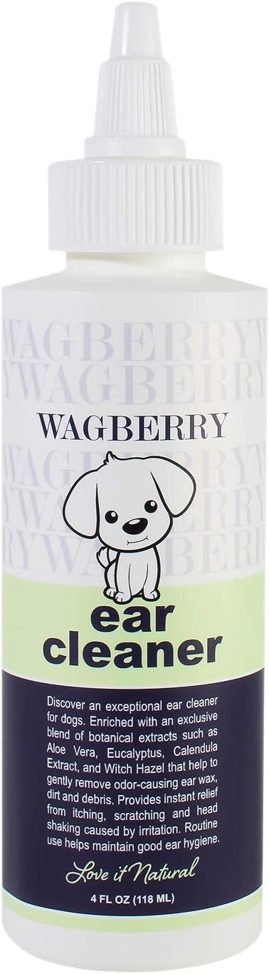 Wagberry Ear Cleaner for Dogs - Gentle Formula Removes Wax & Debris, Best Treatment for Itch, Head Shaking, Discharge & Smell with Aloe Vera & Witch Hazel - Love IT Natural, Made in USA, 4oz