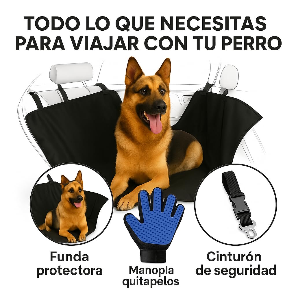 Funda Coche Perro 144x144cm con Cinturón de Seguridad y Manopla Cepillo – Protector Impermeable Asiento Trasero Antideslizante – Kit Completo para Viajar con tu Mascota