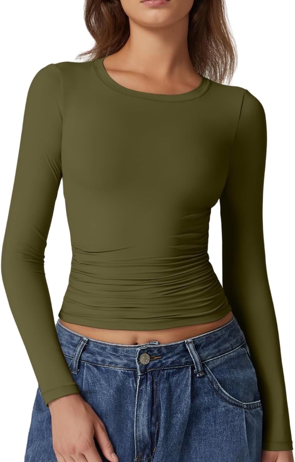 QINSEN Womens Crewneck Long Sleeve Shirt Double Lined Basic Tees Side Ruched Going Out Crop Tops