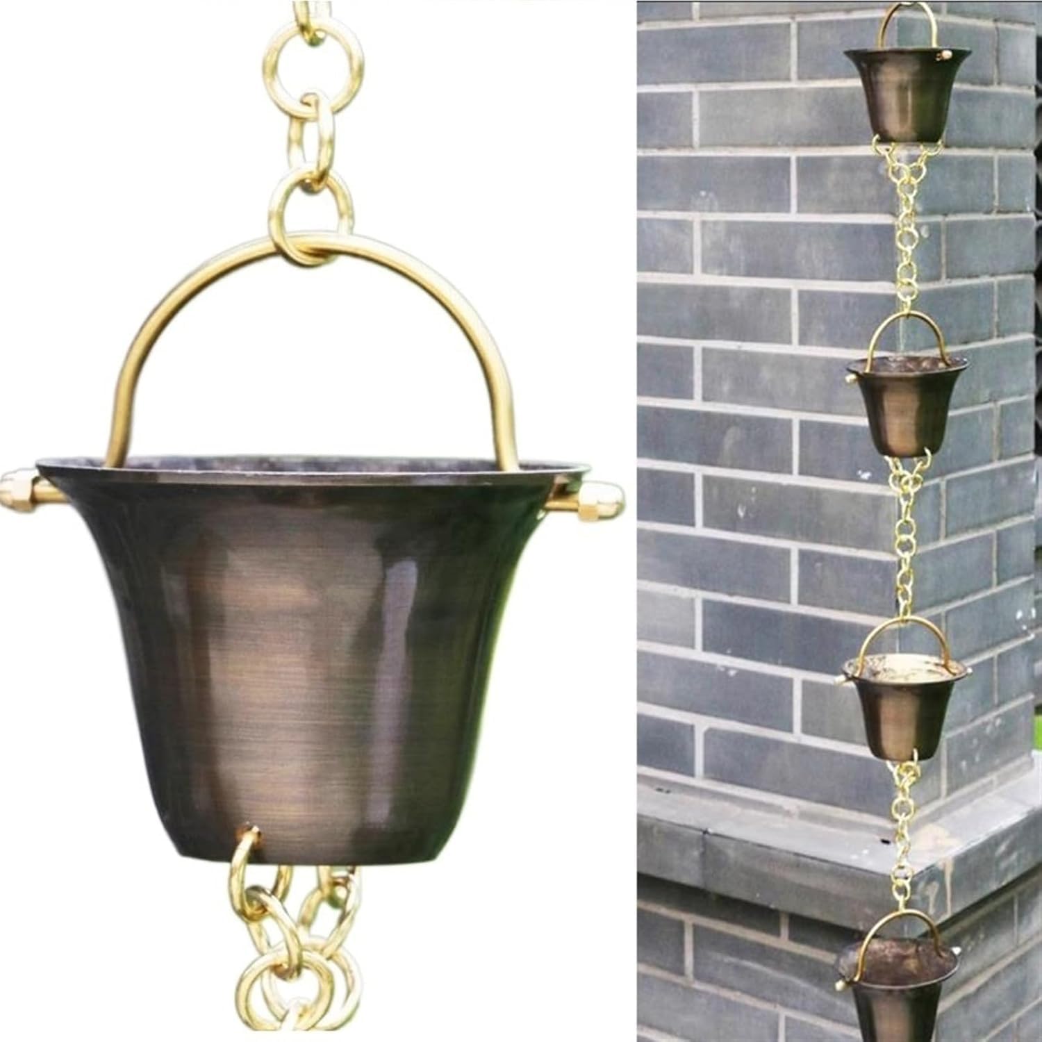 WOTZOV Copper For Gutters, Roof Rain Catcher/Diverter, Unique Metal Link Rain Chain For Villa Temples，1.5m/5ft