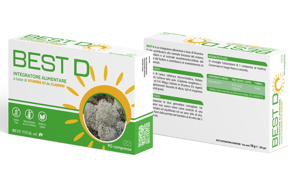 BEST D Integratore Alimentare con Vitamina D3 da Cladonia, Senza Glutine, Adatto ai Vegani, 90 Compresse