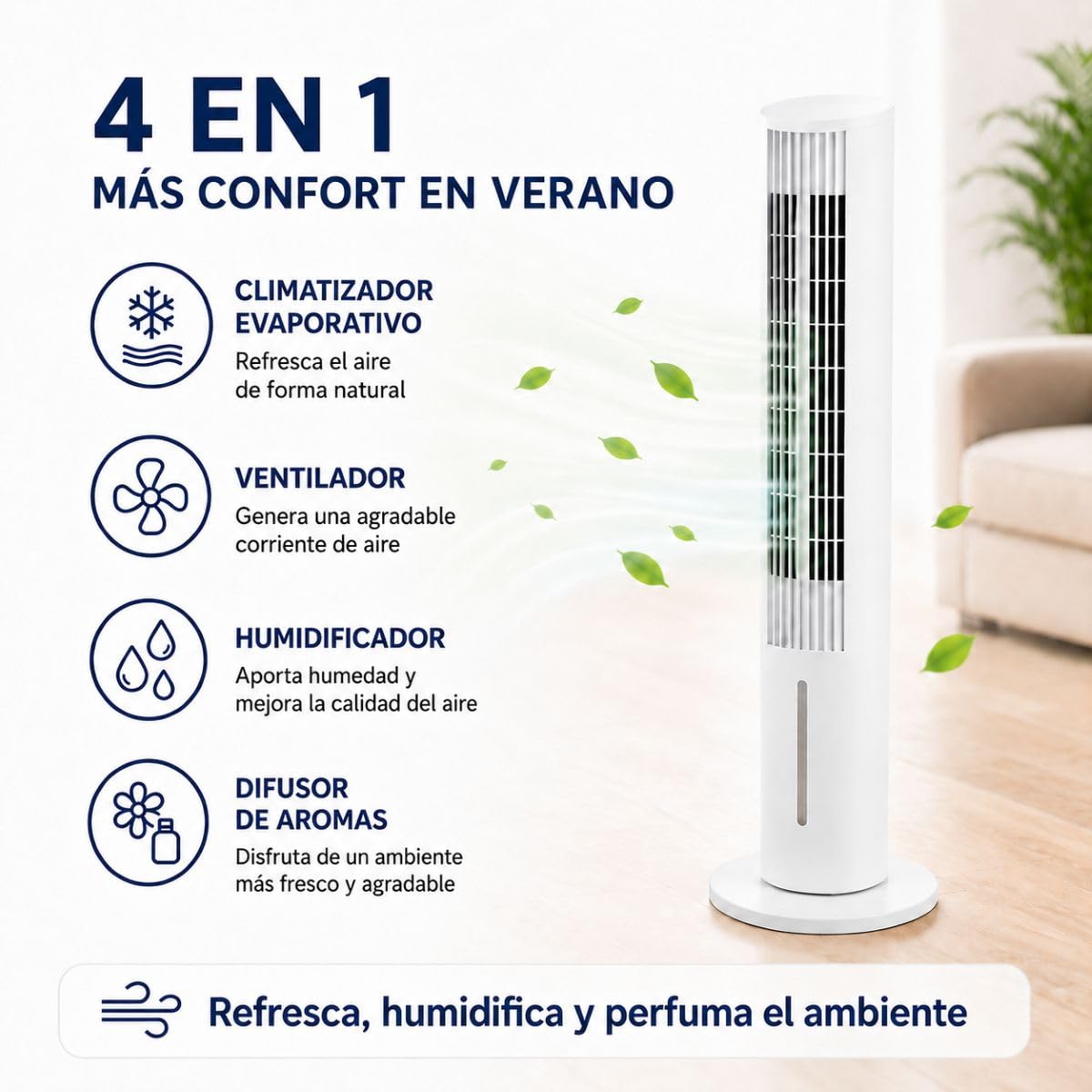 InnovaGoods - Climatizzatore evaporativo portatile Torre 4 in 1, ventilatore, umidificatore, diffusore di aromi, telecomando, 3,5 l, 3 velocità, timer, oscillazione 45°, silenzioso <46 dB