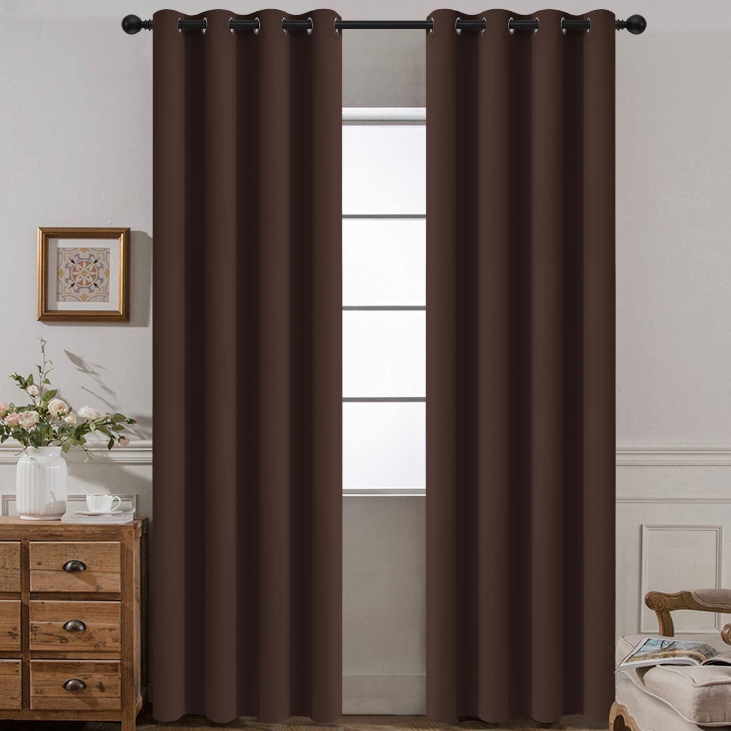 Yakamok Blackout Curtains Room Darkening Thermal Insulated Window Panels,Solid Grommet Top Drapes for Bedroom/Living Room(52Wx90L, Chocolate Brown, 2 Panels) — image 1