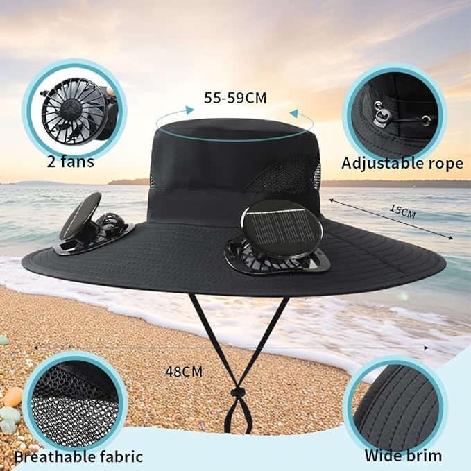 Cappello da pescatore a tesa larga, con 2 ventilatori solari, traspirante, per uomini e donne, pesca all'aperto, campeggio, escursionismo