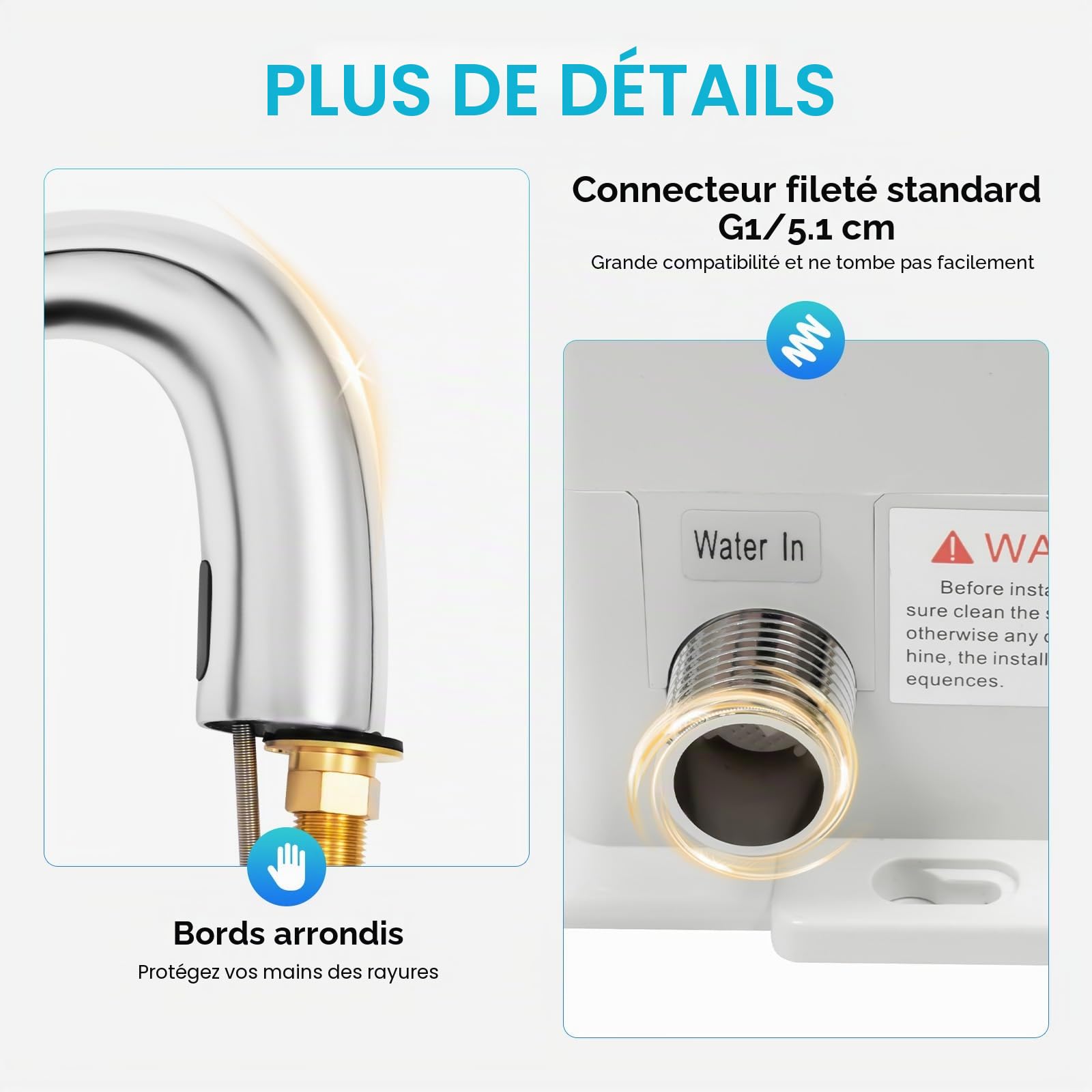 MINRS Robinet avec capteur infrarouge, mitigeur de lavabo automatique à induction, mitigeur de lavabo automatique pour eau froide sans contact pour salle de bain, lavabo