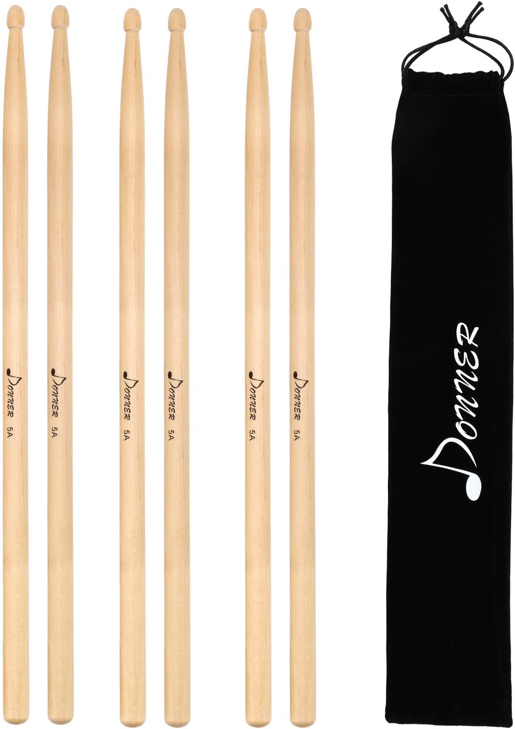 Donner Drum Sticks 5A Classic Maple Wood 3 Pair with Carrying Bag