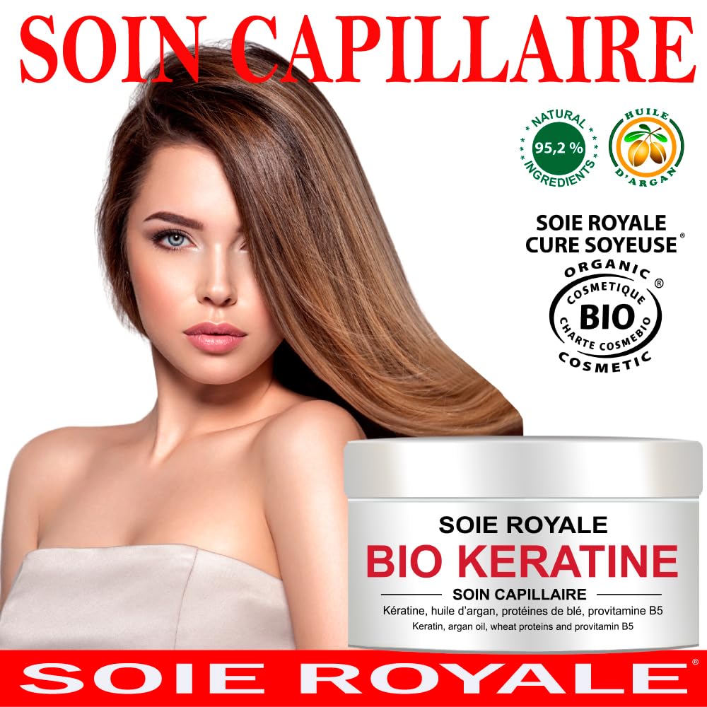 Coffret Cadeau Rouge Soin Capillaire Bio Kératine 250 ml Shampooing régénérant et Sérum Soie Royale Cure Soyeuse 66 ml sans rinçage Répare Hydrate Nourrit Démêle Brillance Intense pour cheveux