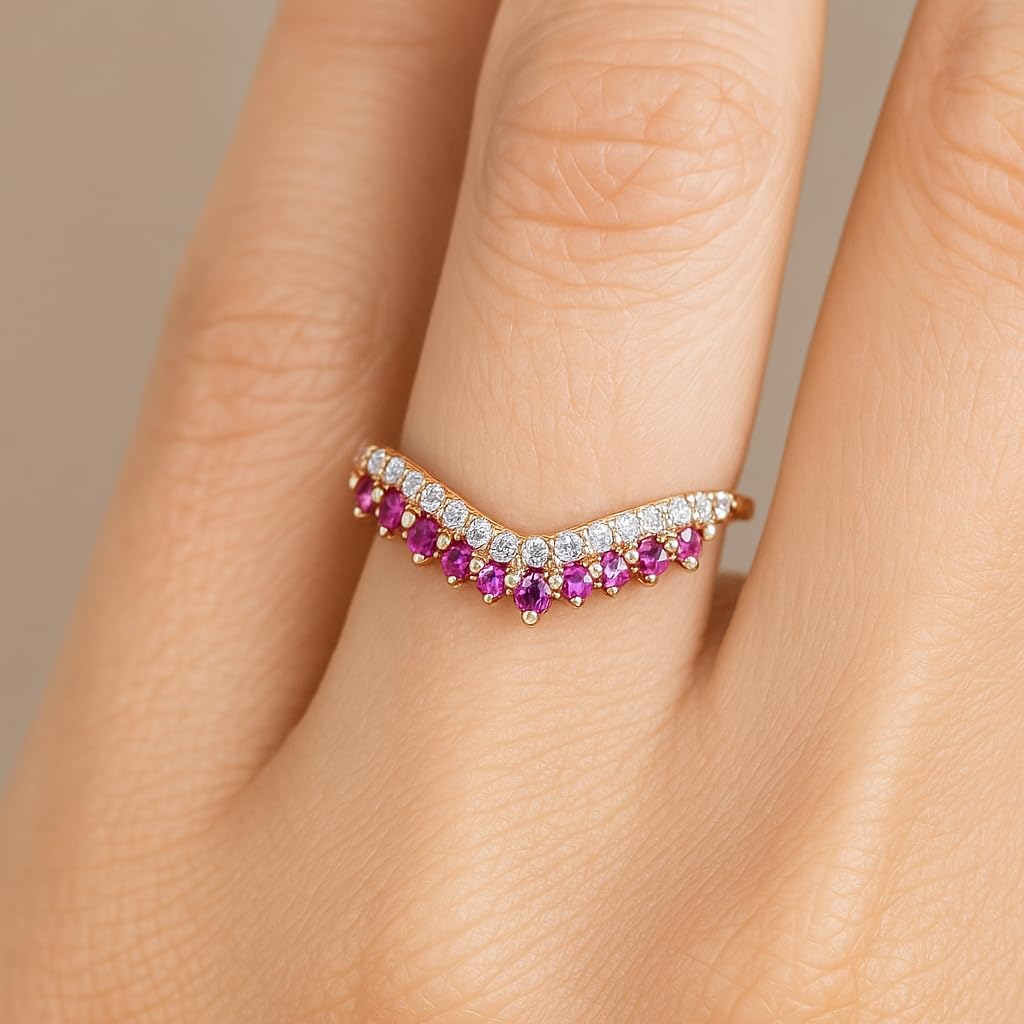 Ruby Diamond V Shaped Enhancer Band for Women 14k Rose Gold Dainty Stacking Ring Curved Wedding Band Anniversary Jewelry Gift for Wife - Image 3