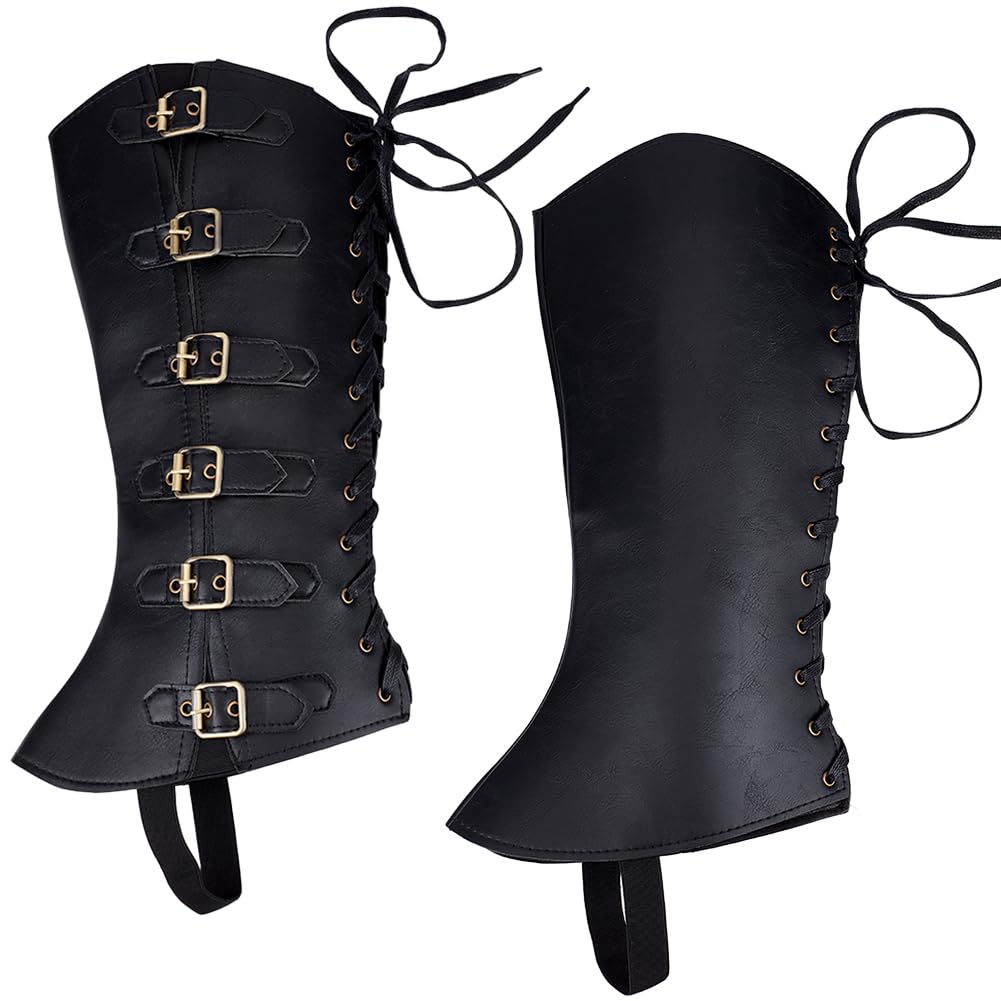 GORGECRAFT 2Pcs Knight Leg Guards Gaiters Steampunk Medieval Boot Covers Imitation Leather Pirate Boot Tops with Buckle Straps Leg Wraps Shoes Accessories for Halloween Cosplay Viking Costume Black