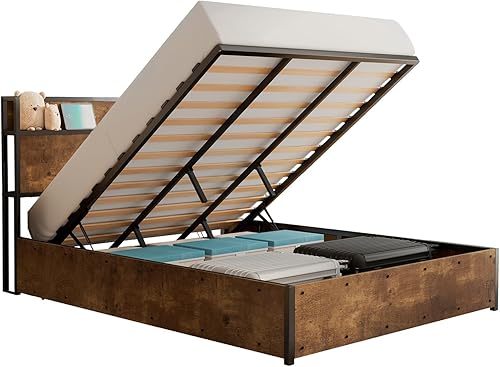 Miniatura 19 de Cama de almacenamiento elevable de tamaño matrimonial, marco de cama de plataforma de madera con cabecera de almacenamiento y estación de carga, no