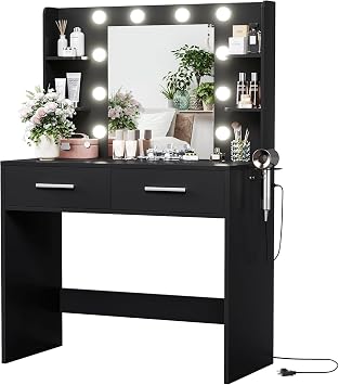 YESHOMY Vanity Desk with Mirror, Makeup Table with 2 Large Drawers, Power Outlet and Round Holder, 3 Color Modes Adjustable Bulb, Easy Assembly, Black