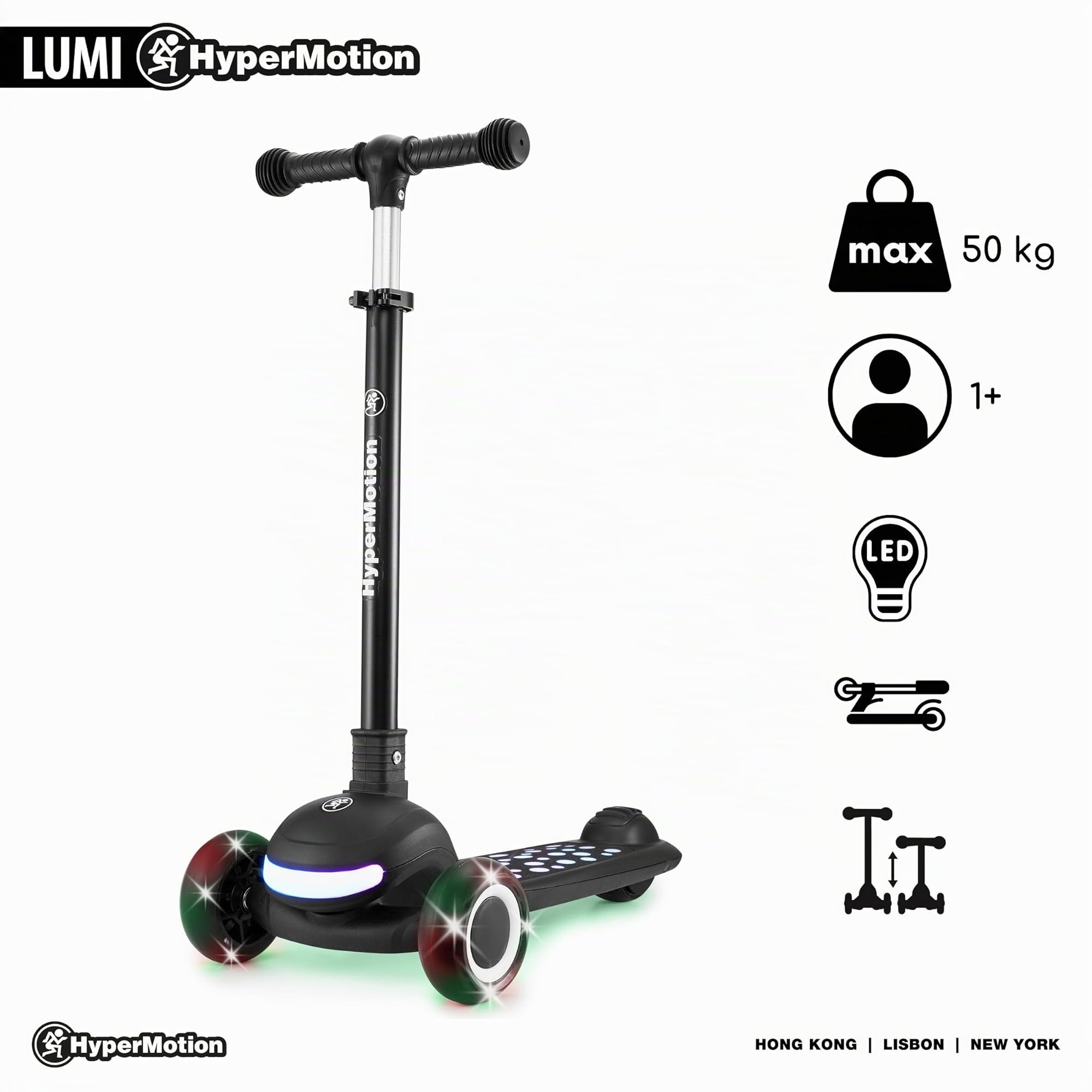HyperMotion Monopattino per bambini con illuminazione a LED LUMI 3 in 1, sedile regolabile in altezza, pieghevole, ruote in poliuretano, manubrio a T fino a 50 kg, per bambini a partire da 1 anno