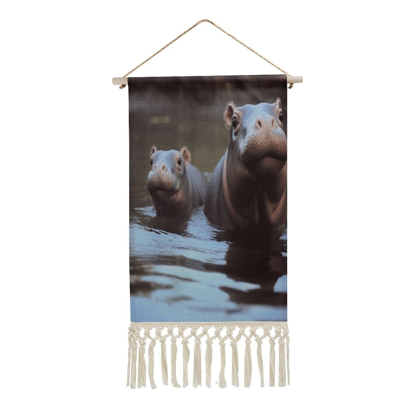 VstaDank Hippos Wall Art Decor with Tassels 20"x10" Cotton Linen Hanging Tapestry Decor Wall Art Prints Wood Frame Boho Wall Art Poster for Bedroom Living Room Office