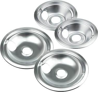 Electric Stove Drip Pans for GE Hotpoint Kenmore, Chrome 4-Pack | Includes 26" and 28" chrome drip pans to replace worn burner bowls on compatible GE, Hotpoint, and Kenmore ranges