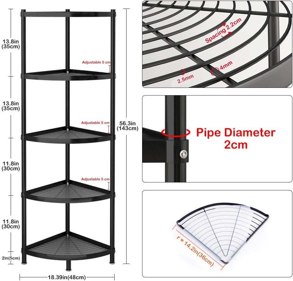 Winterworm 5-Tier Metal Corner Shelf,Black Carbon Steel Kitchen Corner Shelf Pot Storage Rack for Home Office Kitchen Organizer
