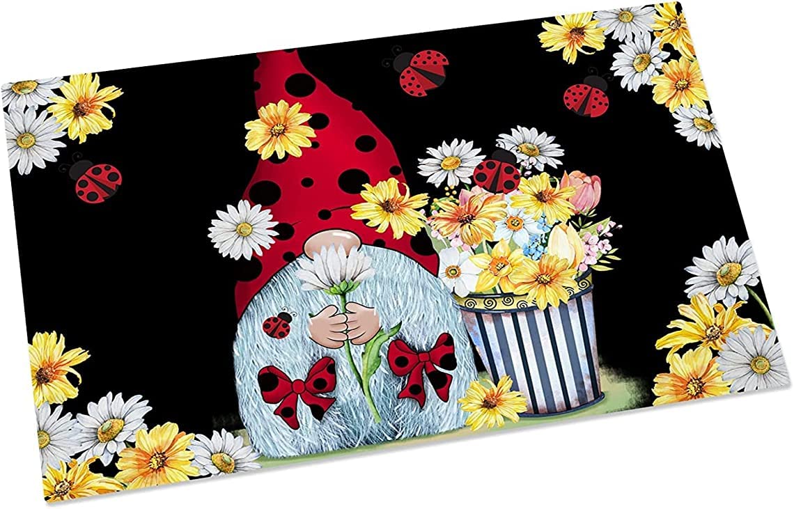 Farmhouse Ladybugs Gnome with Floral on Black Non Slip Entryway Rugs for Indoor Outdoor Entrance Floor Door Mat Dries Quickly Kitchen Mat Natural