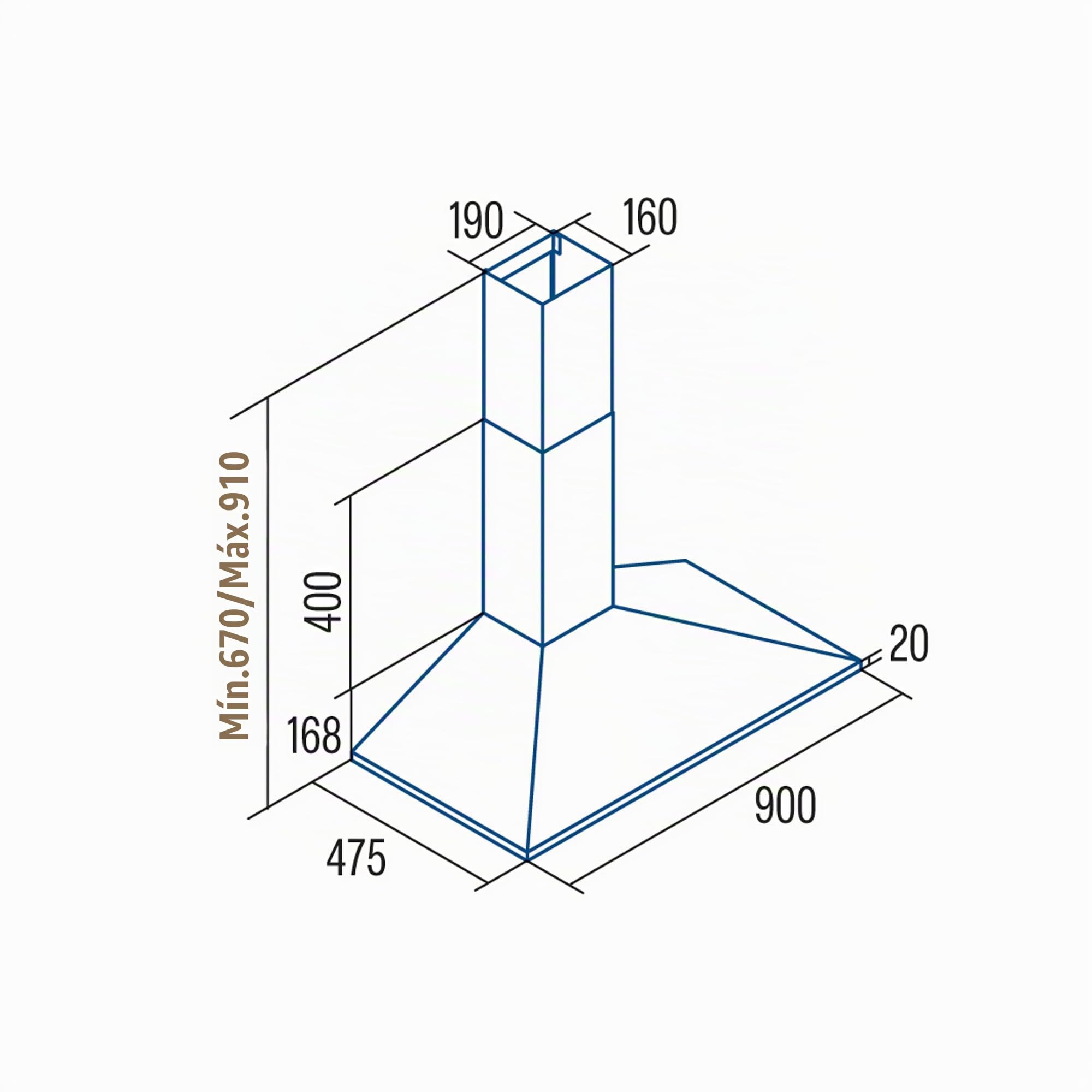 CATA VK 9000 X Campana Extractora Decorativa Trapezoidal de 90 cm, 480 m³/h, 3 Velocidades, Control Mecánico, Motor K10 de 110 W, Tira LED, Clase A, Acero Inoxidable