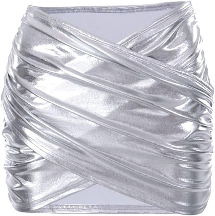 Zoestar Silver Metallic Mini Skirt Shiny Wrap Skirts Rave Festival Outfits for Women - Image 4
