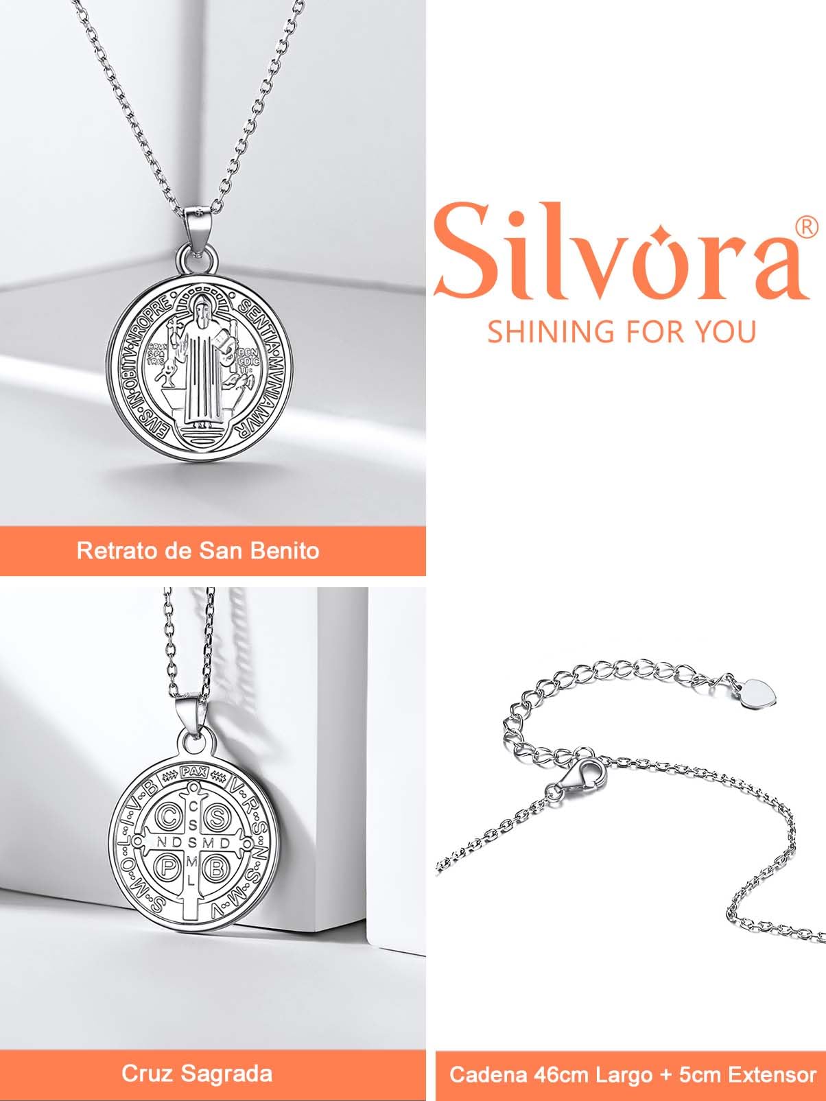 Silvora Collar San Benito Plata 925 Hombre Mujer Medalla Religioso | Material Plata de Primera Ley Colgante Amuleto Talismán Joyería Caja Regalo