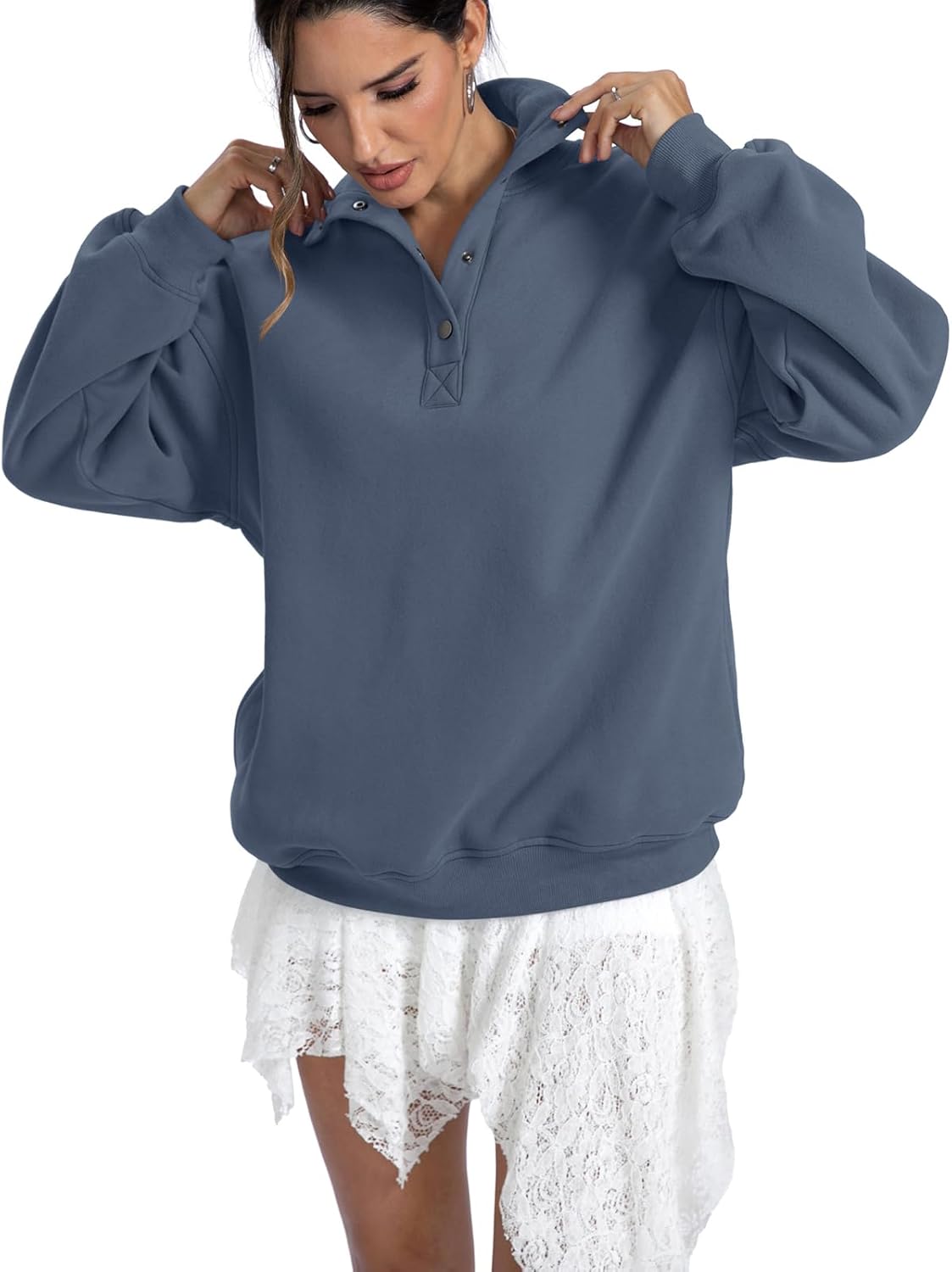 EasyGala Womens Fleece Sweatshirts Oversized Henley Neck Long Sleeve Button Pullover Tops Trendy Outfits Clothes 2026