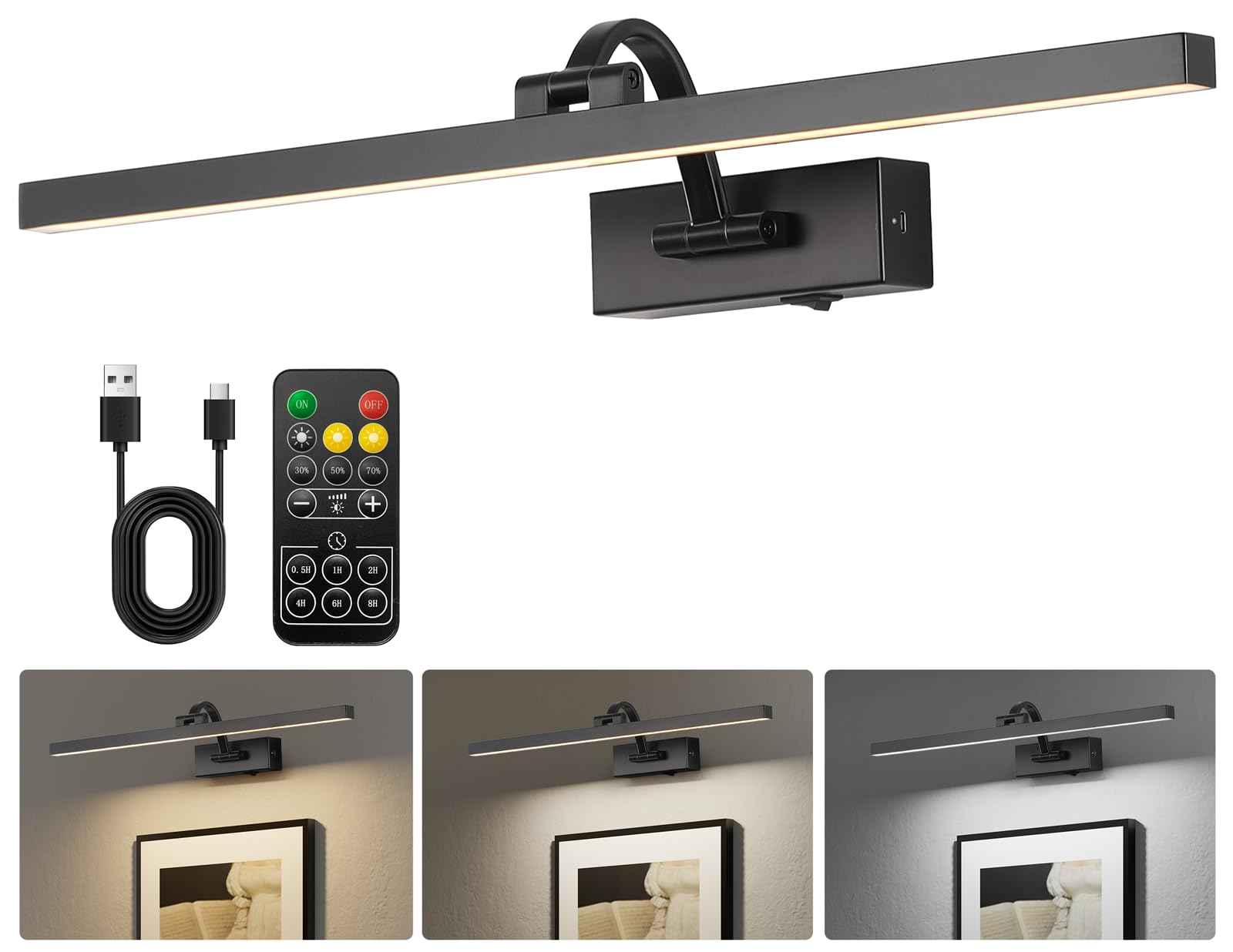 Wireless Picture Lights for Wall,23.5 Inch Black Art Light for Paintings,Battery Operated Picture Lights with Remote Control,Dimmable Rechargeable Art Lamps for Picture Frame,Gallery